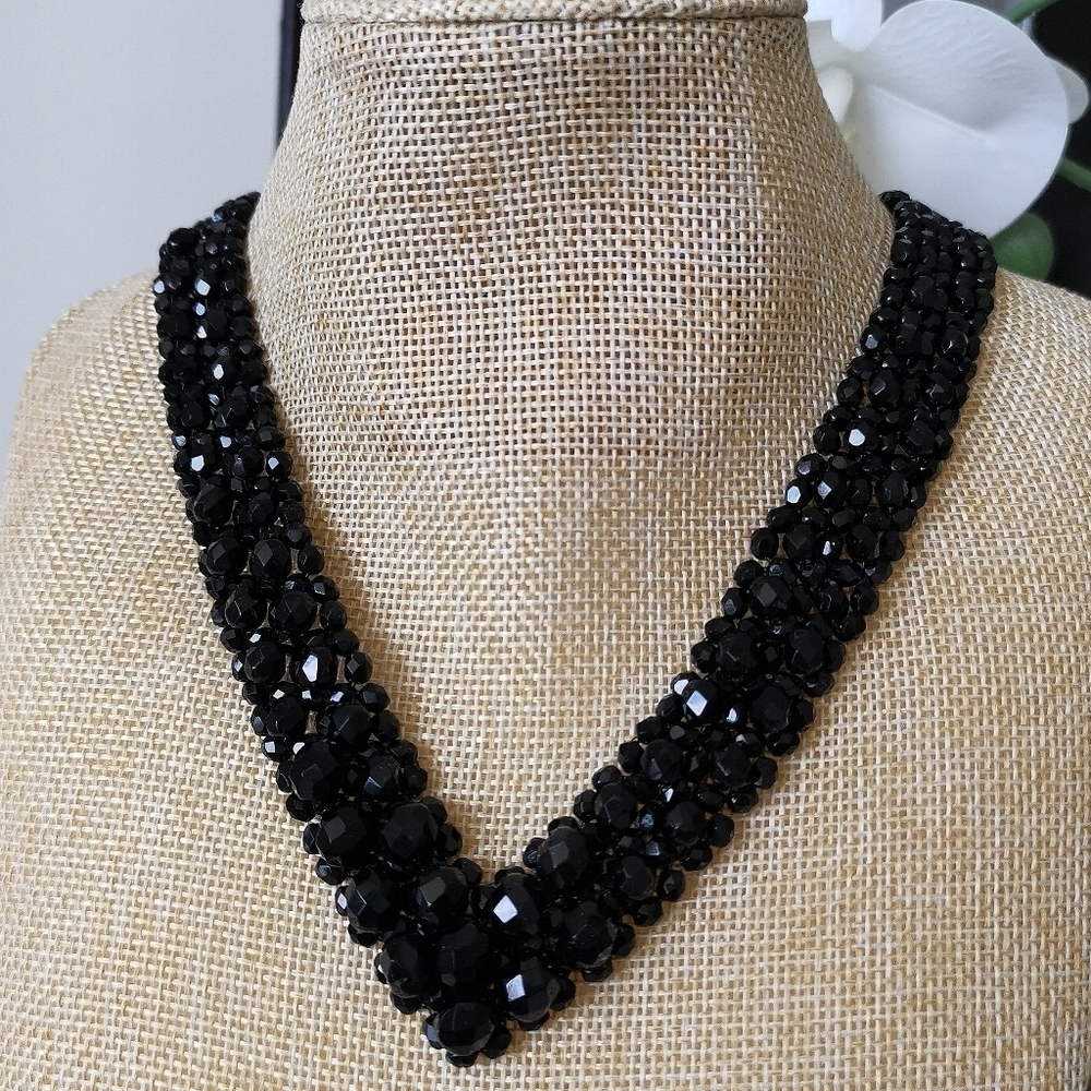 Vintage Czech jet black fire polished bead cheval necklace